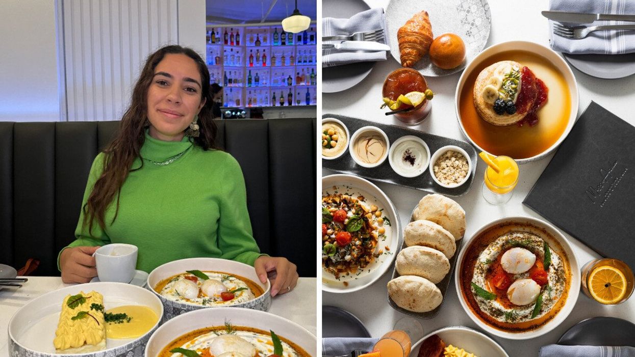 A person having brunch at Miss Aida. Right: A brunch spread at Miss Aida in Toronto with pancakes, mezzes, eggs and bread.