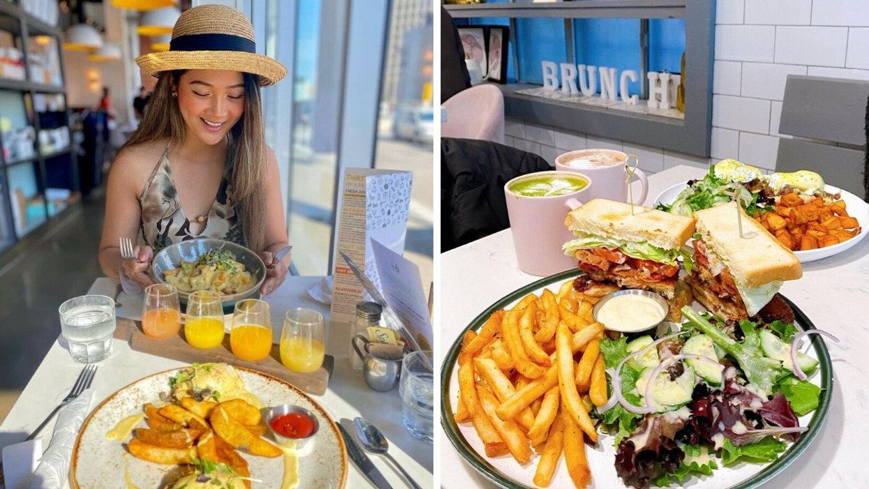 A person having brunch at OEB. Right: Brunch food from Sisters & Co.