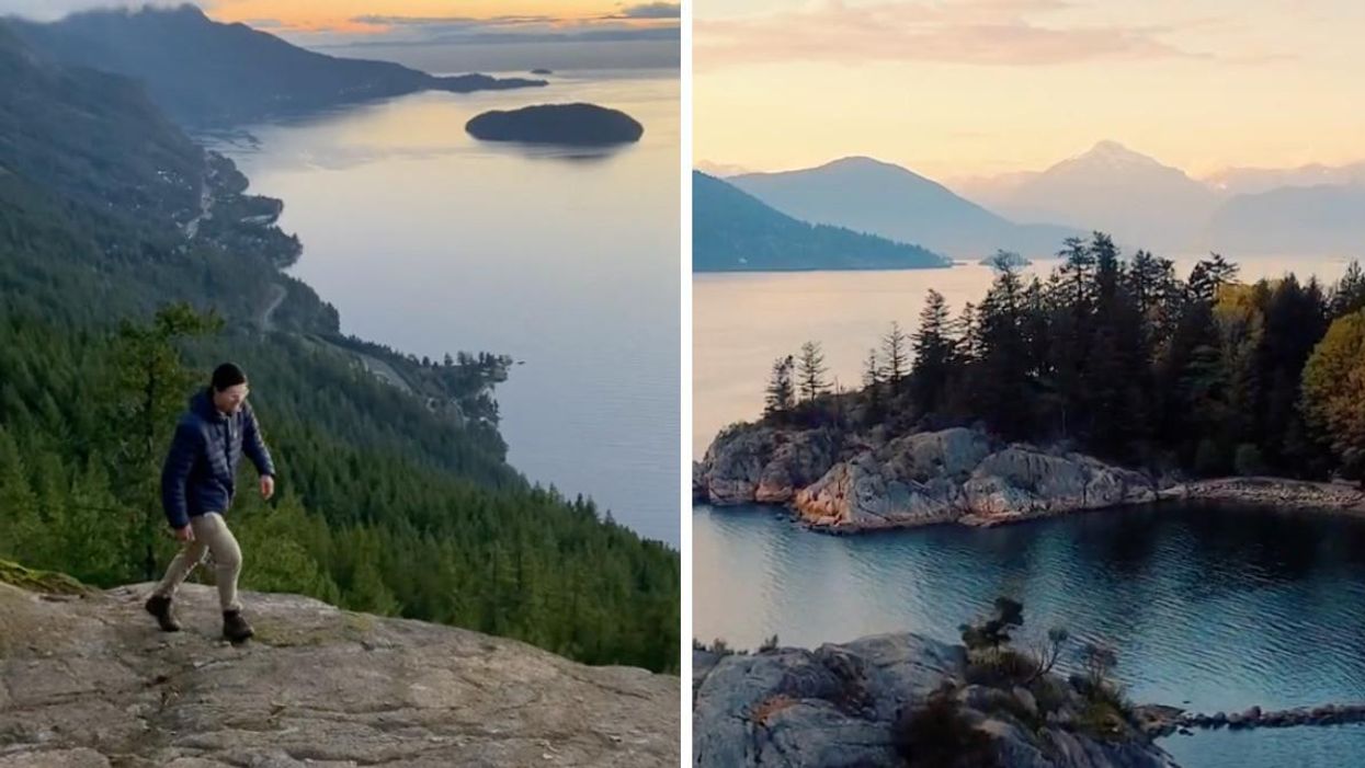 A person hikes in B.C. Right: An island on a body of water in B.C.