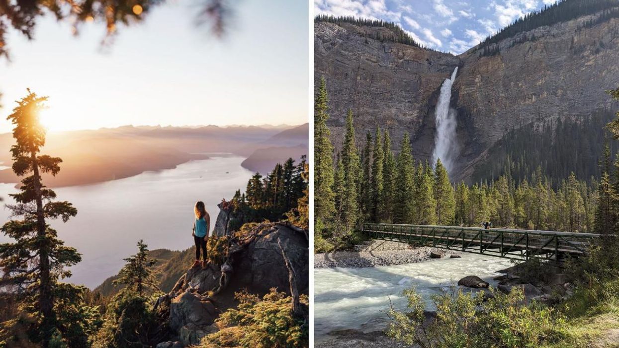 A person hiking in B.C., Right: Waterfall at Yoho National Park.