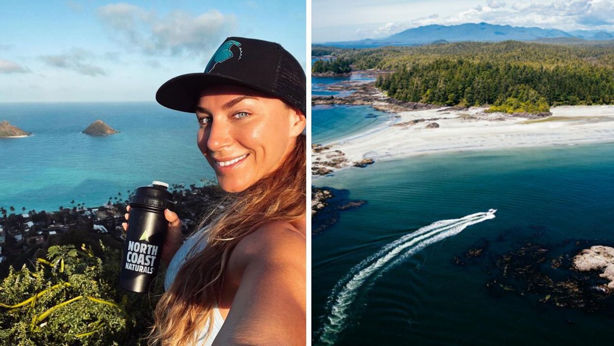 A person hiking in Tofino, BC. Right: A boat beside a beach in Tofino, BC.