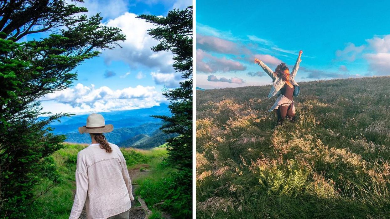 A person hiking on Roan Mountain. Right: A woman in the grassy hills of Roan Mountain.