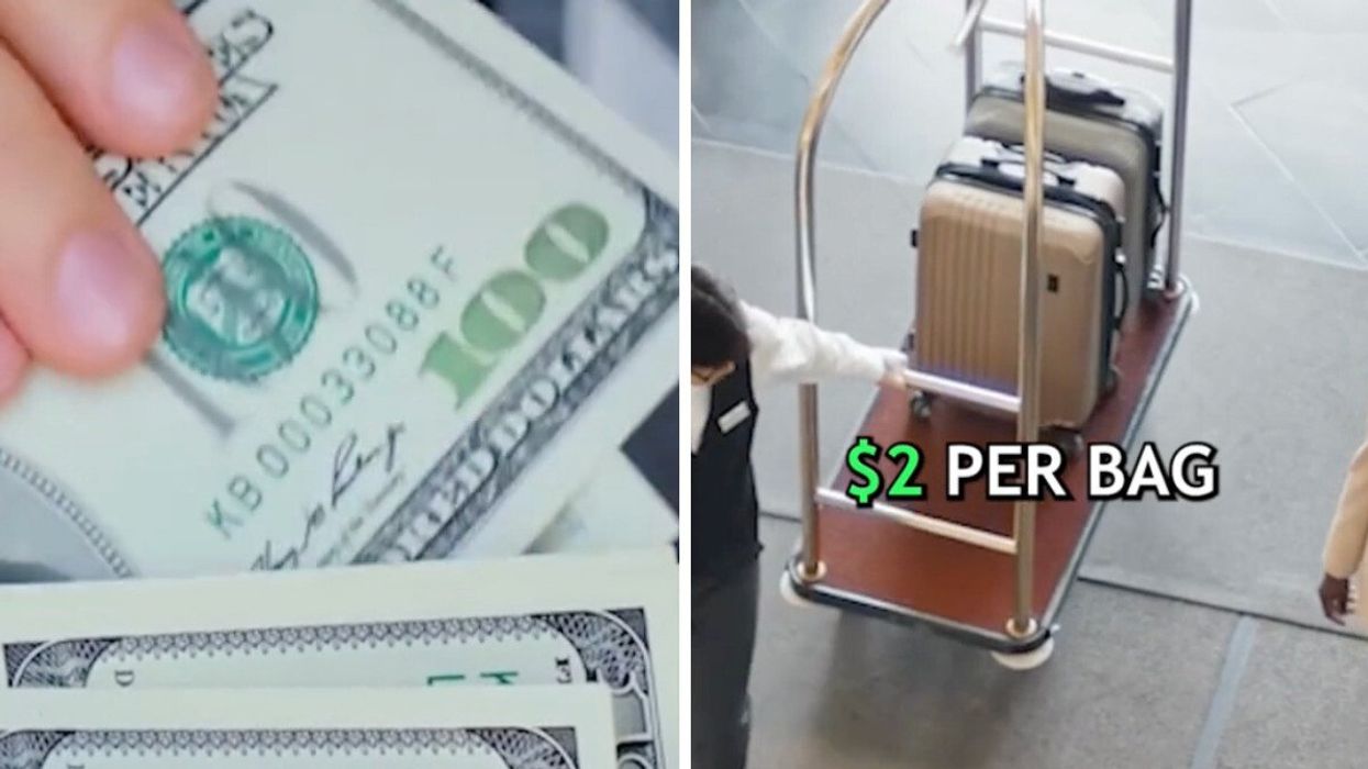 A person holding a $100 US bill. Right: A bellman moving bags.