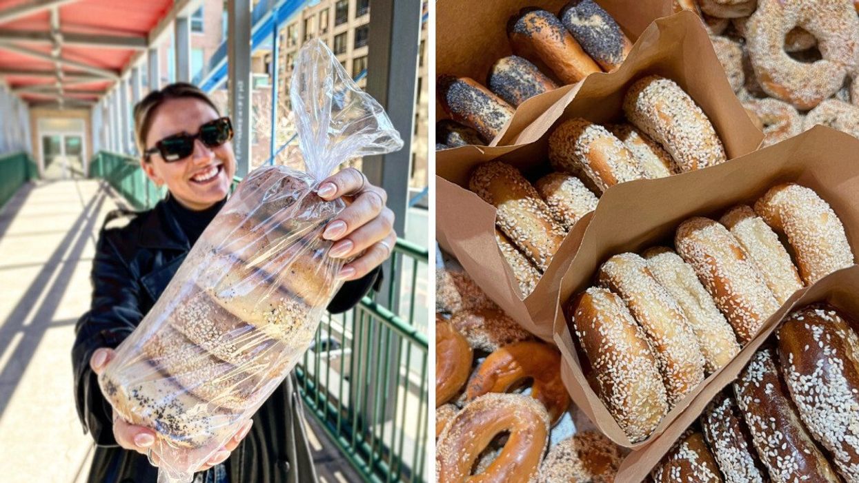 A person holding a bag of bagels. Right: Bagels in Toronto.