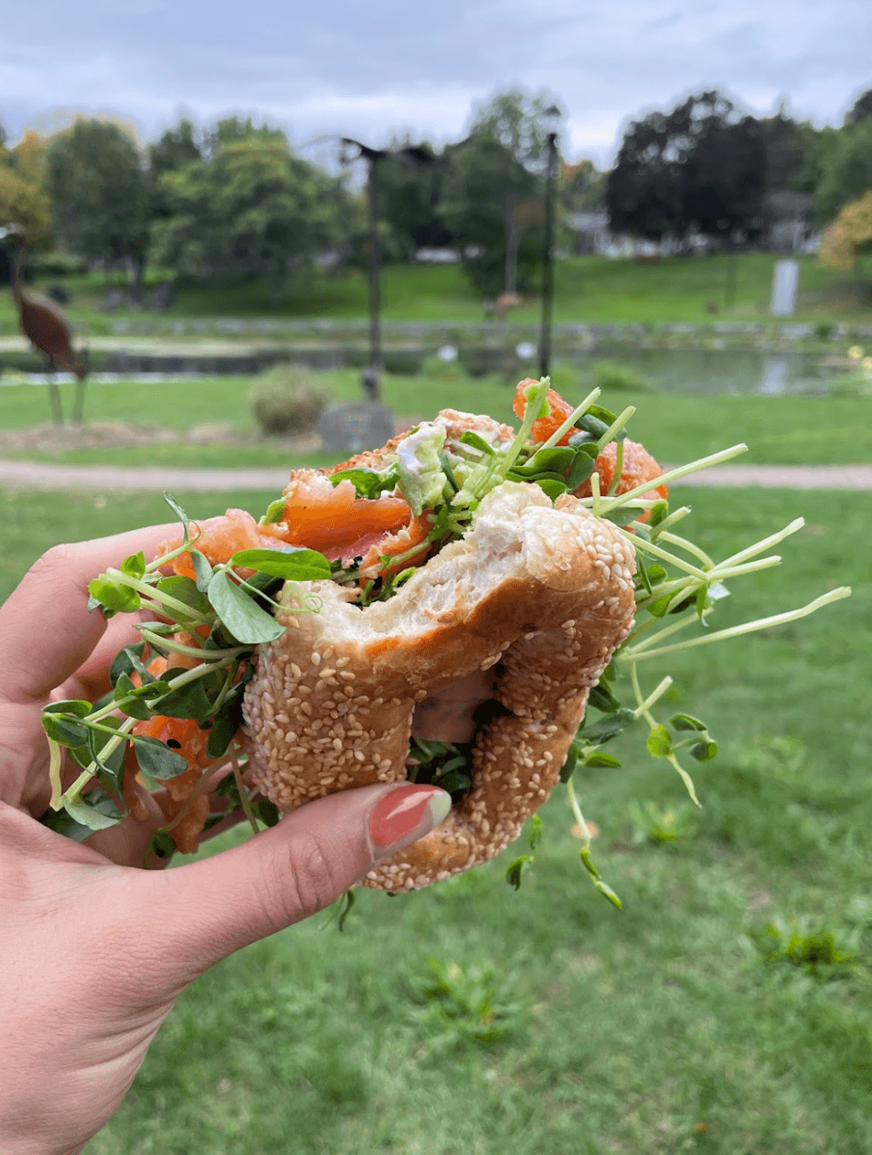 A person holding a bagel sandwich