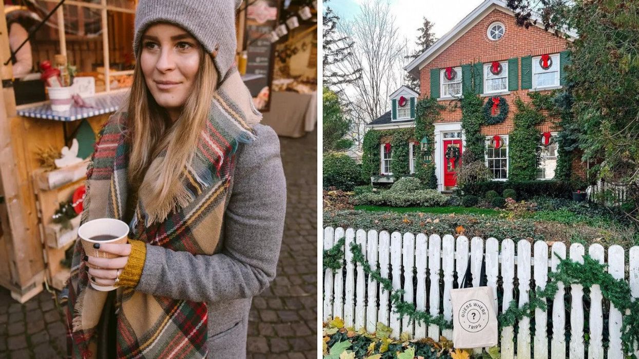 A person holding a beverage. Right: A house with garlands.
