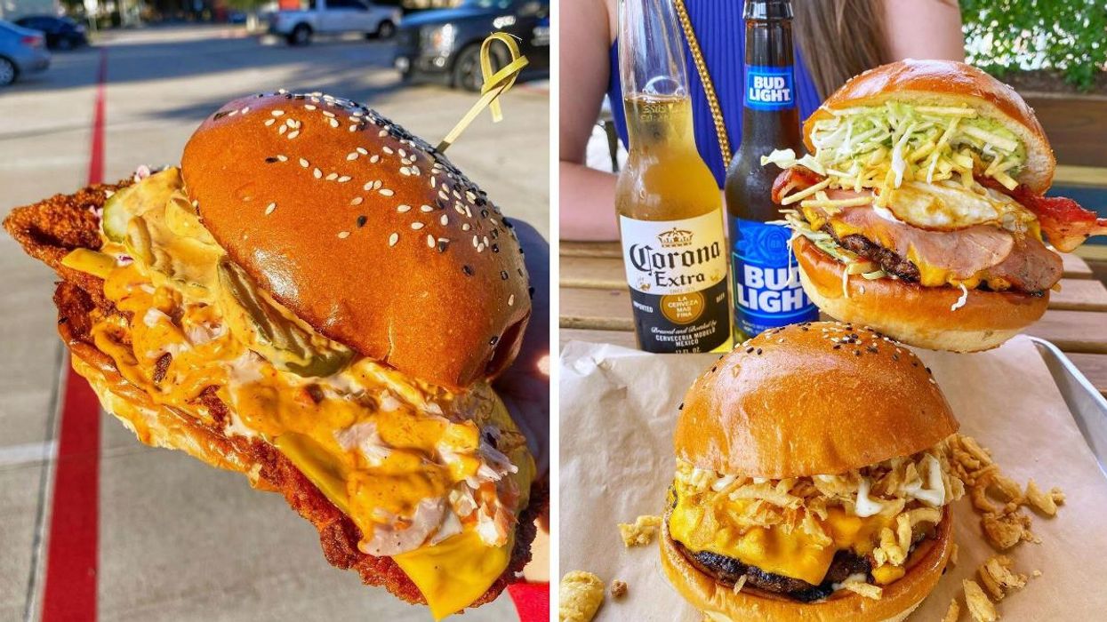 A person holding a big burger. Right: A person holding a hamburger while a second one is at the table.
