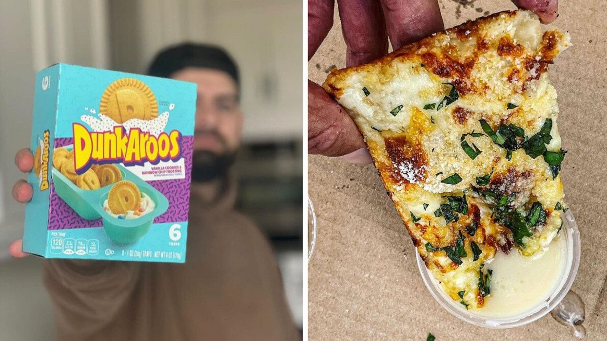 A person holding a box of Dunkaroos. Right: A person dipping garlic fingers into Donair sauce.