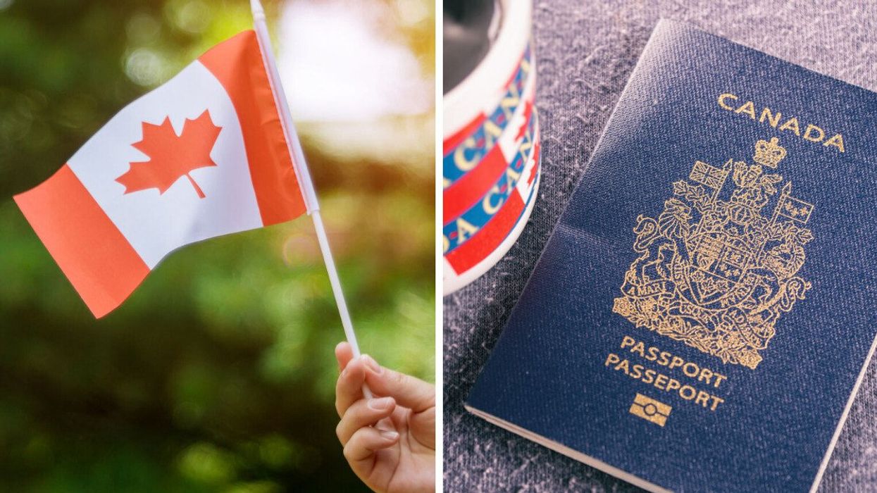 A person holding a Canadian flag. Right: A Canadian passport.