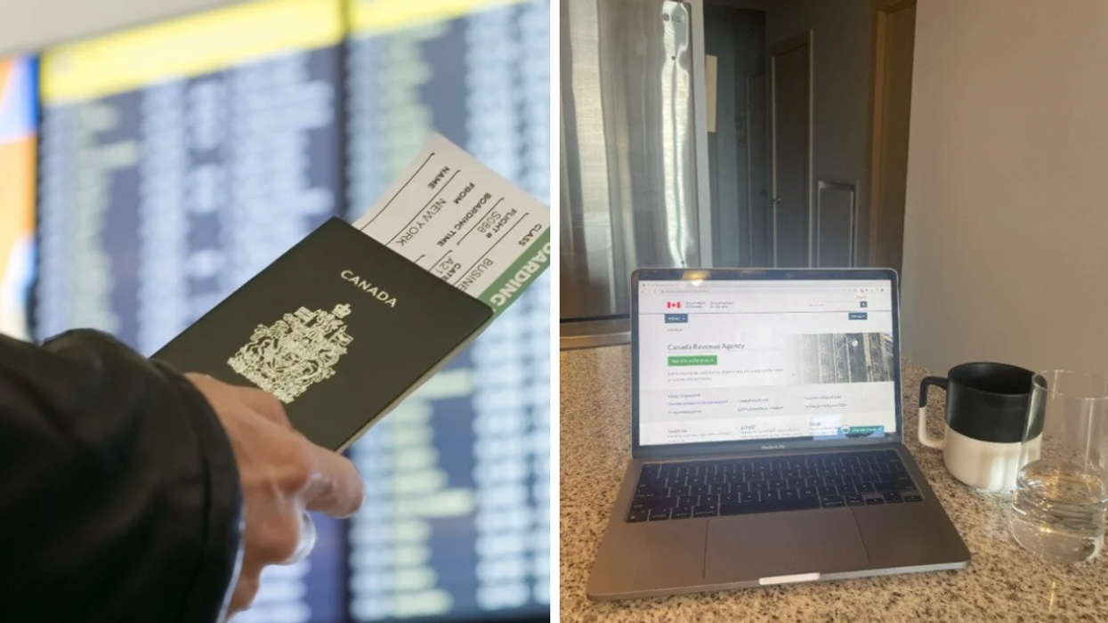 A person holding a Canadian passport in an airport. Right: A computer open to the Canada Revenue Agency website.