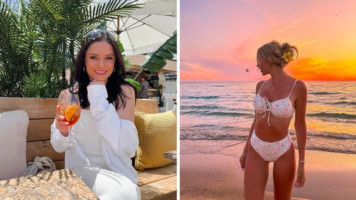 A person holding a cocktail on a patio. Right: A person on a beach at sunset.