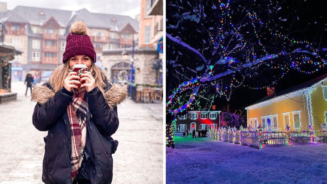 A person holding a coffee cup. Right: Alight at Night at Upper Canada Village.