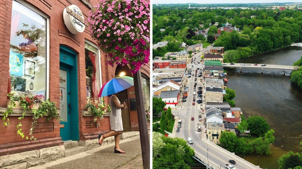 A person holding a colourful umbrella. Right: A town along a river.