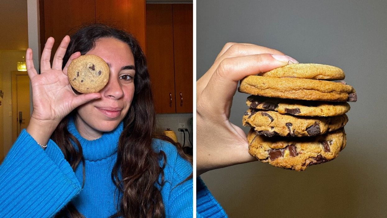 A person holding a cookie to her eye. Right: A stack of chocolate chip cookies.