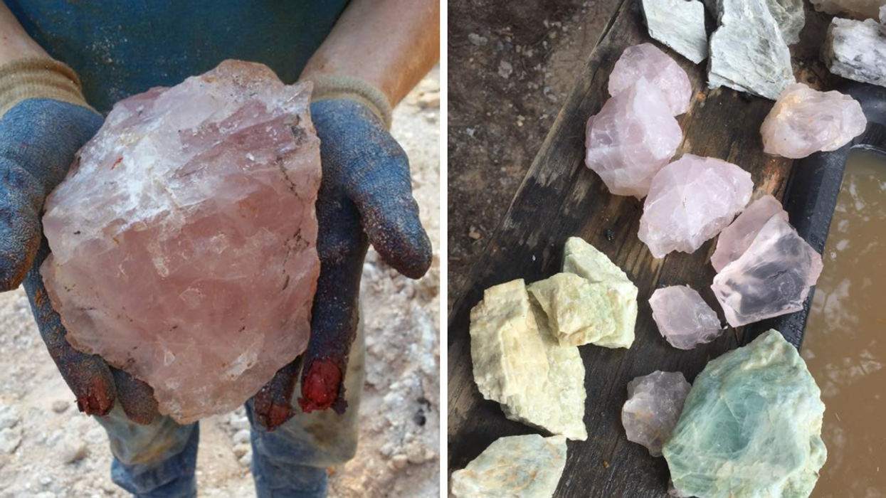 A person holding a crystal from Hogg Mine. Right: Crystals after being excavated at Hogg Mine.