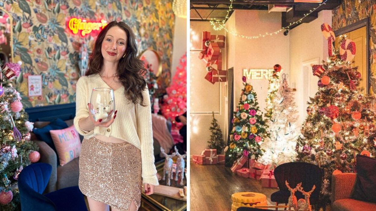 A person holding a cup in a Christmas bar. Right: Christmas trees and decor.