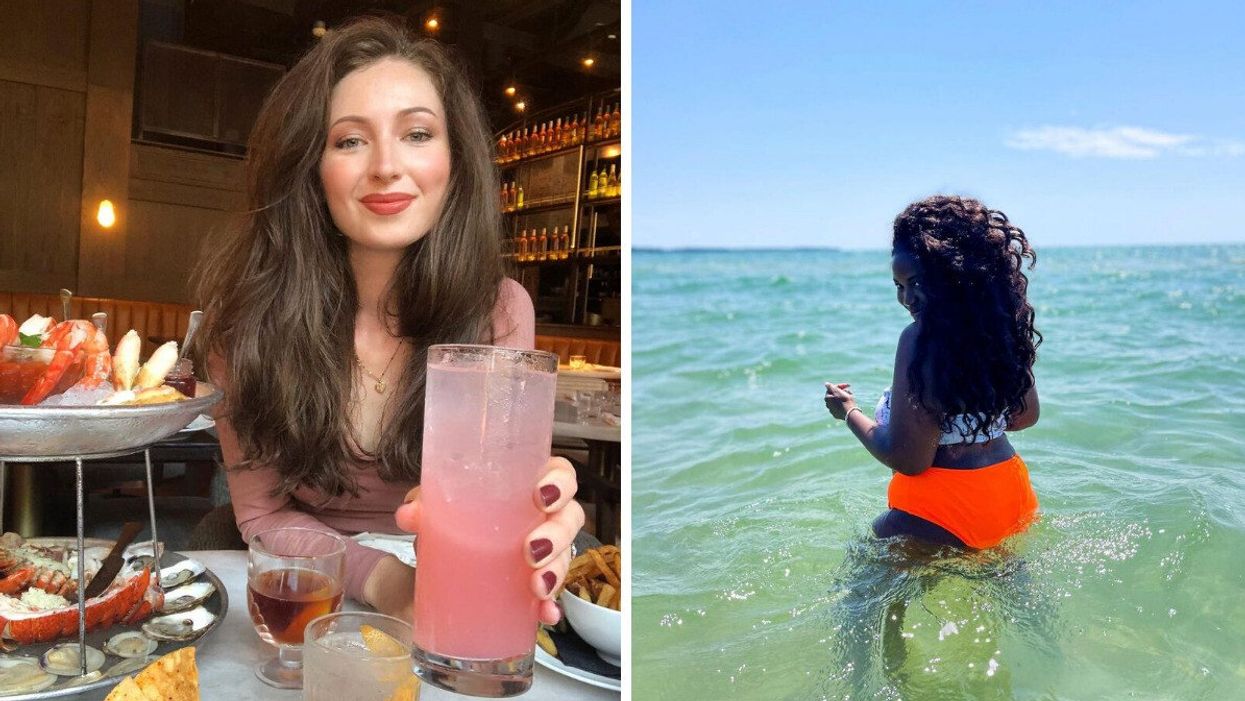 A person holding a drink at a restaurant. Right: A person in the water.