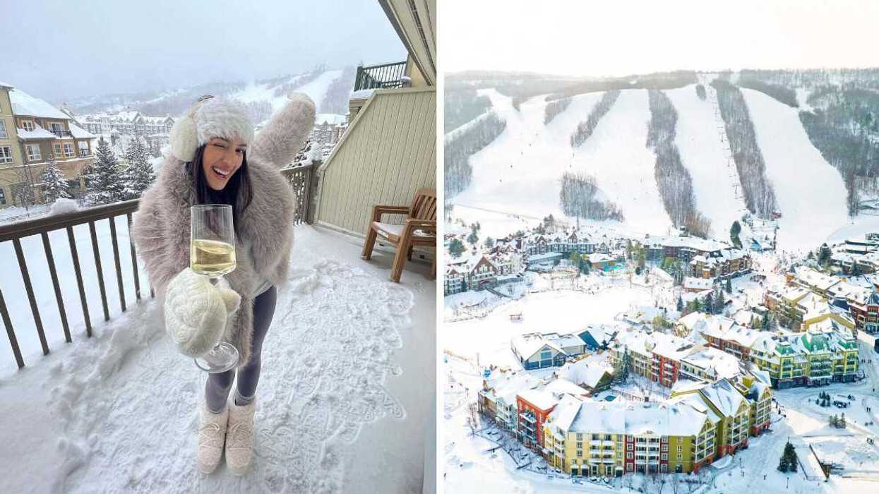 A person holding a drink on a snowy balcony. Right: An aerial view of a snowy village.