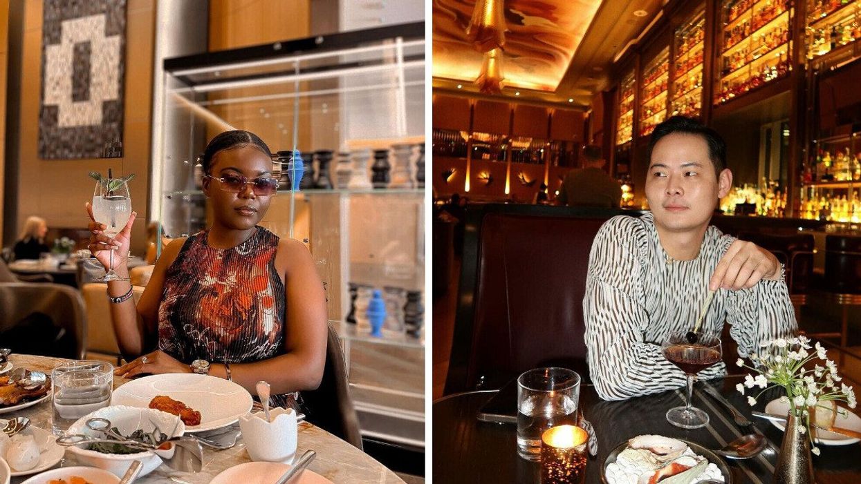 A person holding a drink while wearing sunglasses at a restaurant. Right: A person with cocktail looking off to the side at a restaurant.