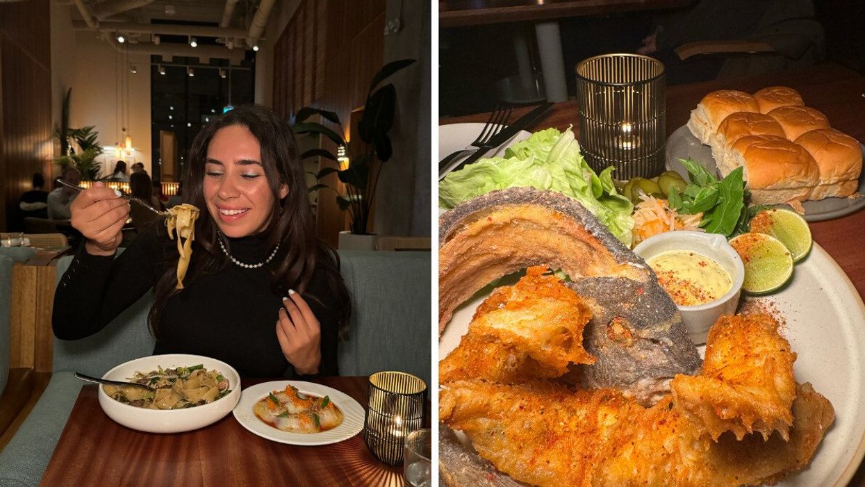 A person holding a fork with noodles and two other dishes in front of her. Right: A fried fish with Hawaiian rolls in the back