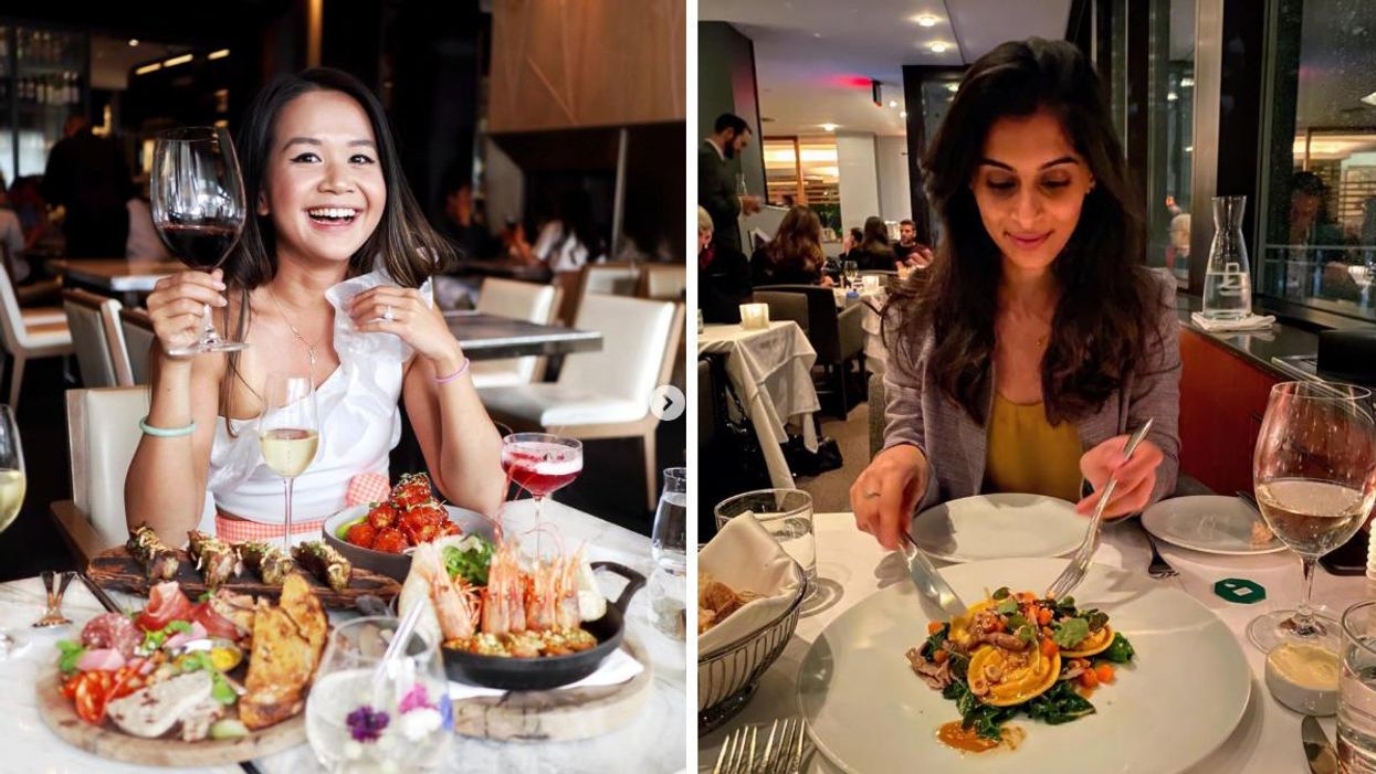 A person holding a glass of wine in a restaurant. Right: A person eating their food at a restaurant.
