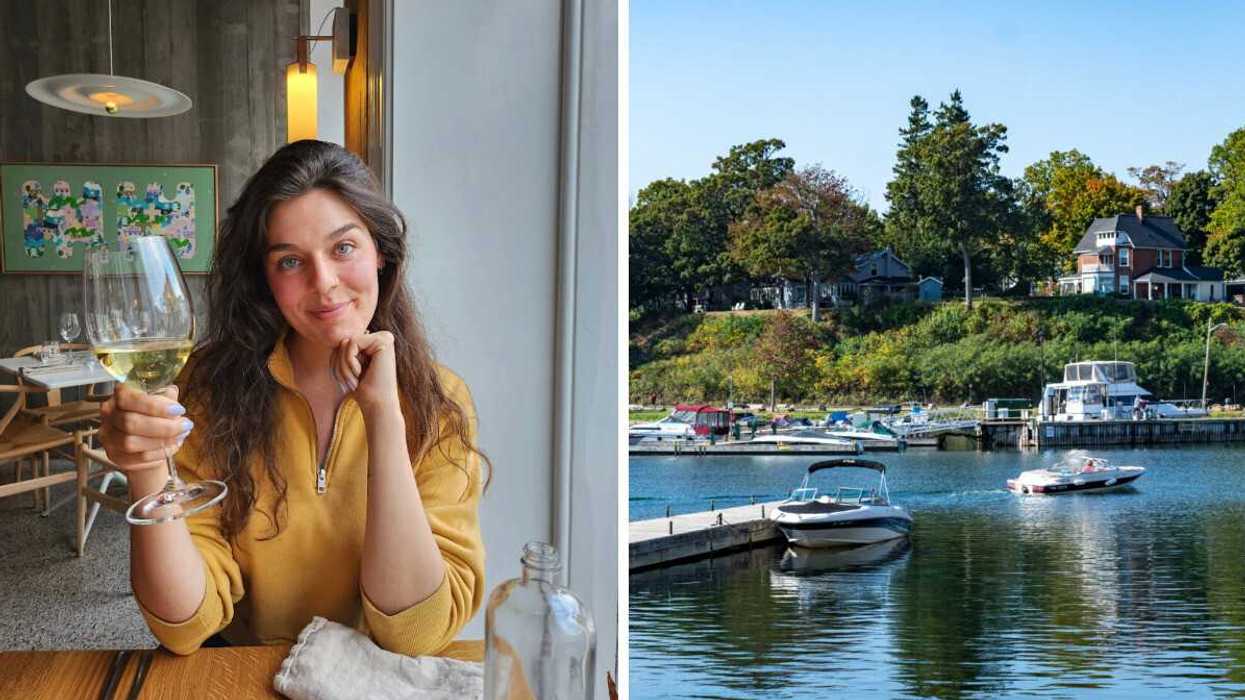 A person holding a glass of wine. Right: A riverside town.