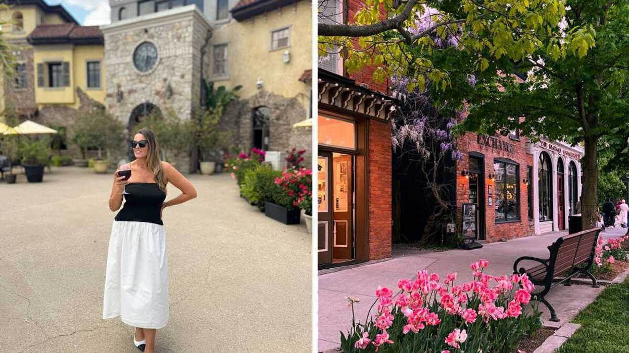 A person holding a glass of wine. Right: A street with flowers.