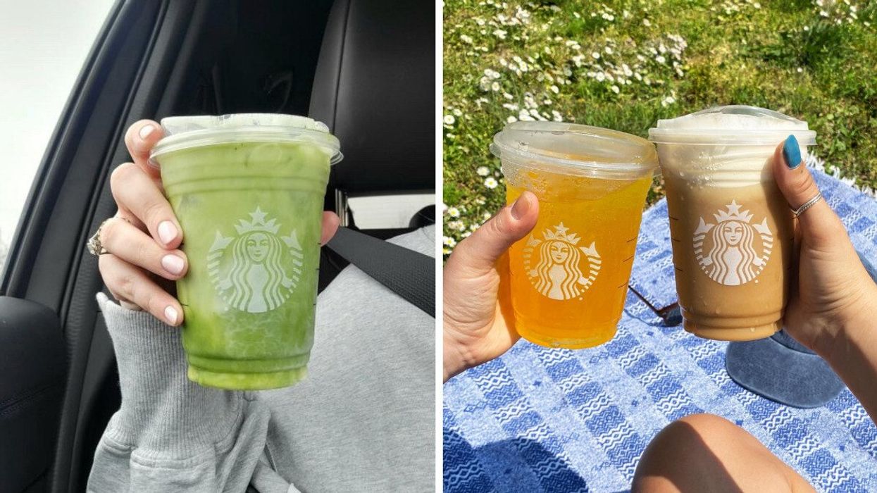 A person holding a green drink. Right: Two people holding Starbucks drinks.
