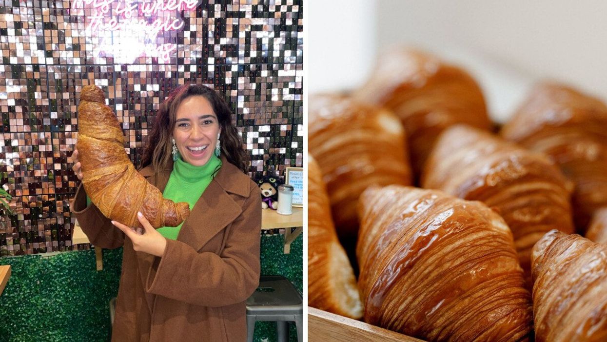 A person holding a huge croissant. Right: Many croissants on a tray.