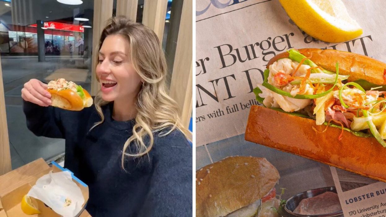 A person holding a lobster roll while smiling. Right: A lobster roll and lemon chunk on a table.