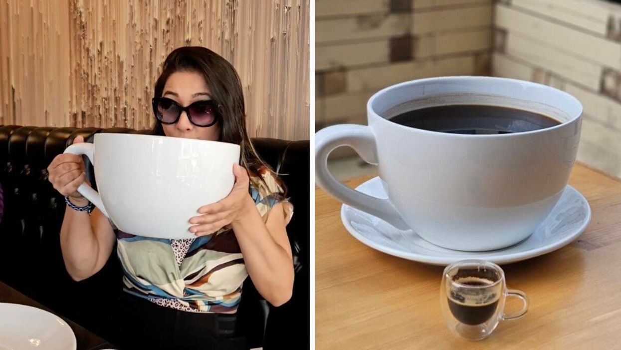 A person holding a massive coffee mug. Right: A massive coffee mug alongside a small coffee mug.