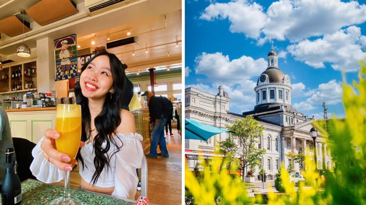 A person holding a mimosa. Right: A historic building.
