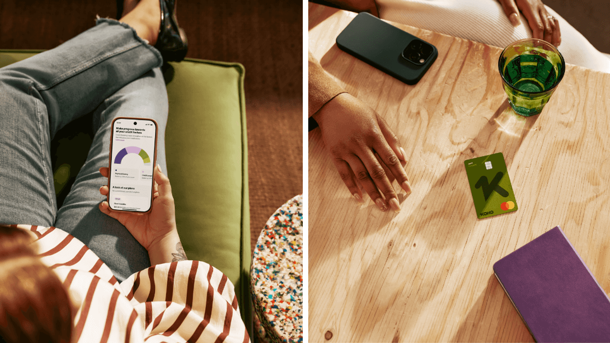 A person holding a phone displaying a credit score chart. Right: A Koho bank card rests on a table.