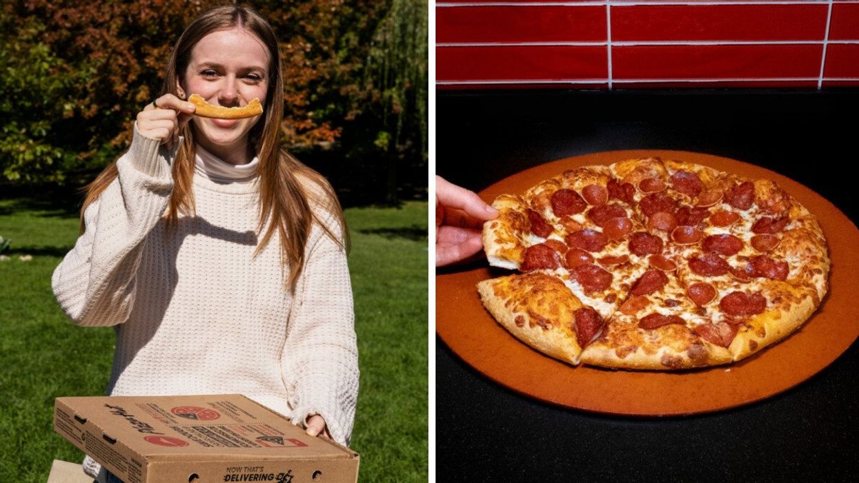A person holding a pizza crust and box. Right: A pie from Pizza Hut Canada.