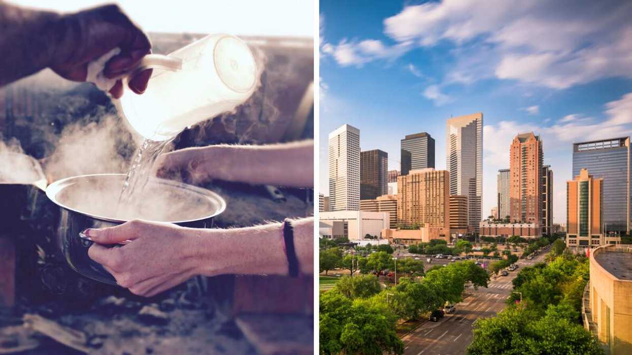 A person holding a pot being filled with boiled water. Right: Houston, TX.