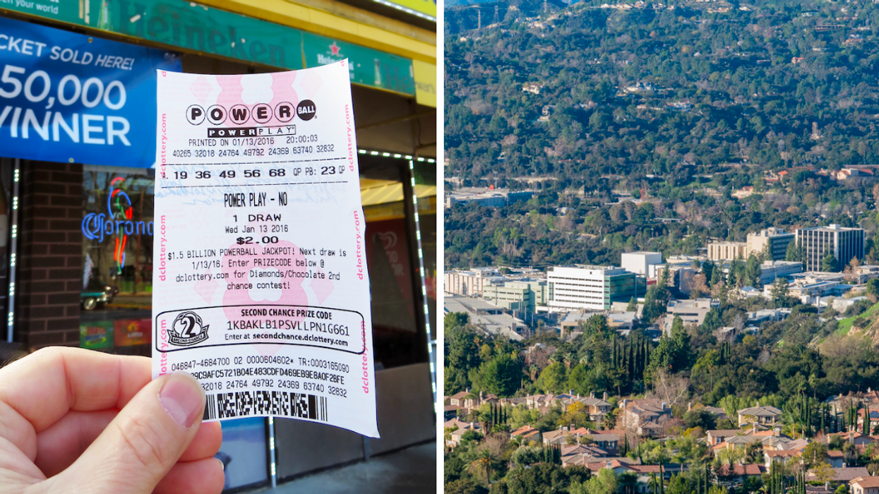 A person holding a Powerball Lottery ticket. Right: Altadena, CA.