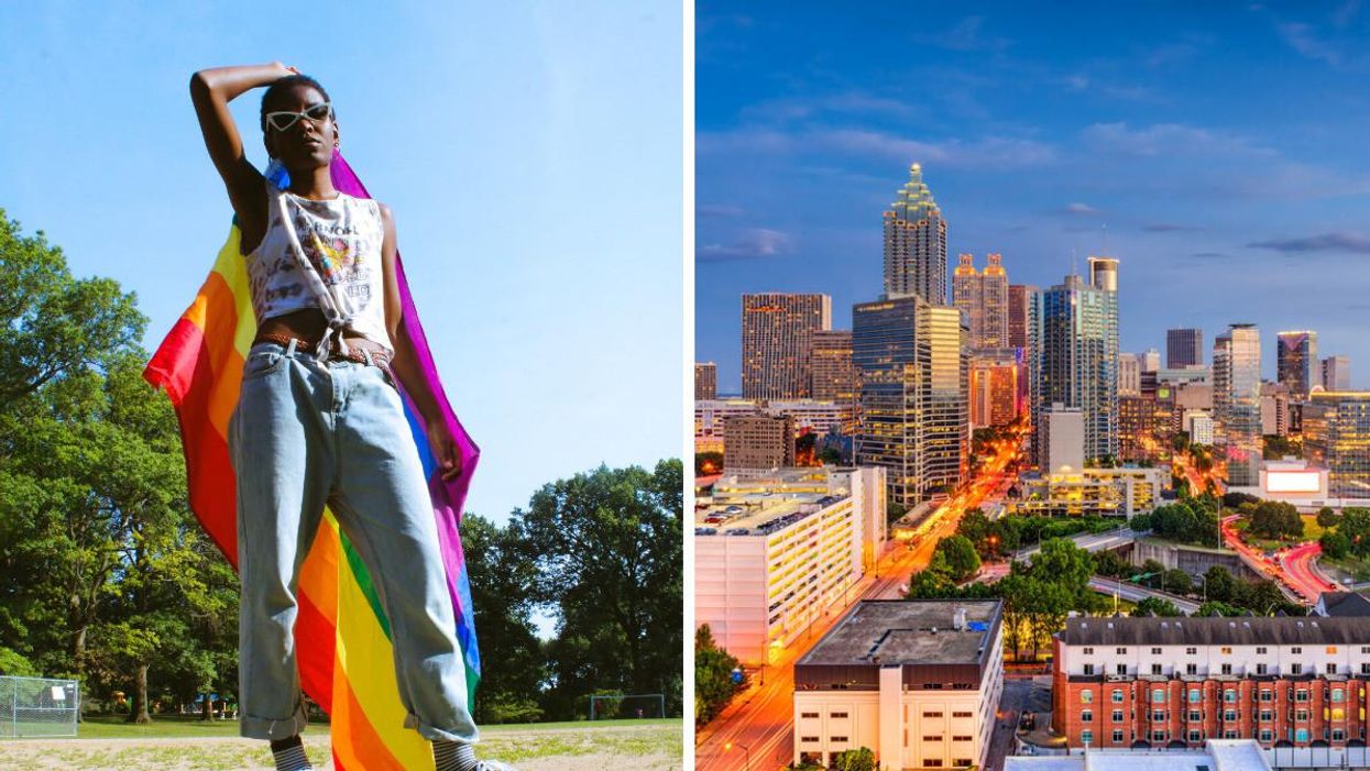 A person holding a pride flag. Right: Downtown Atlanta.