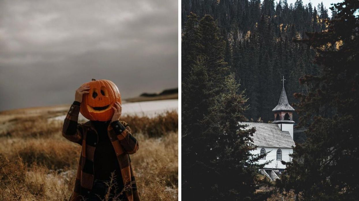 A person holding a pumpkin. Right: A church.