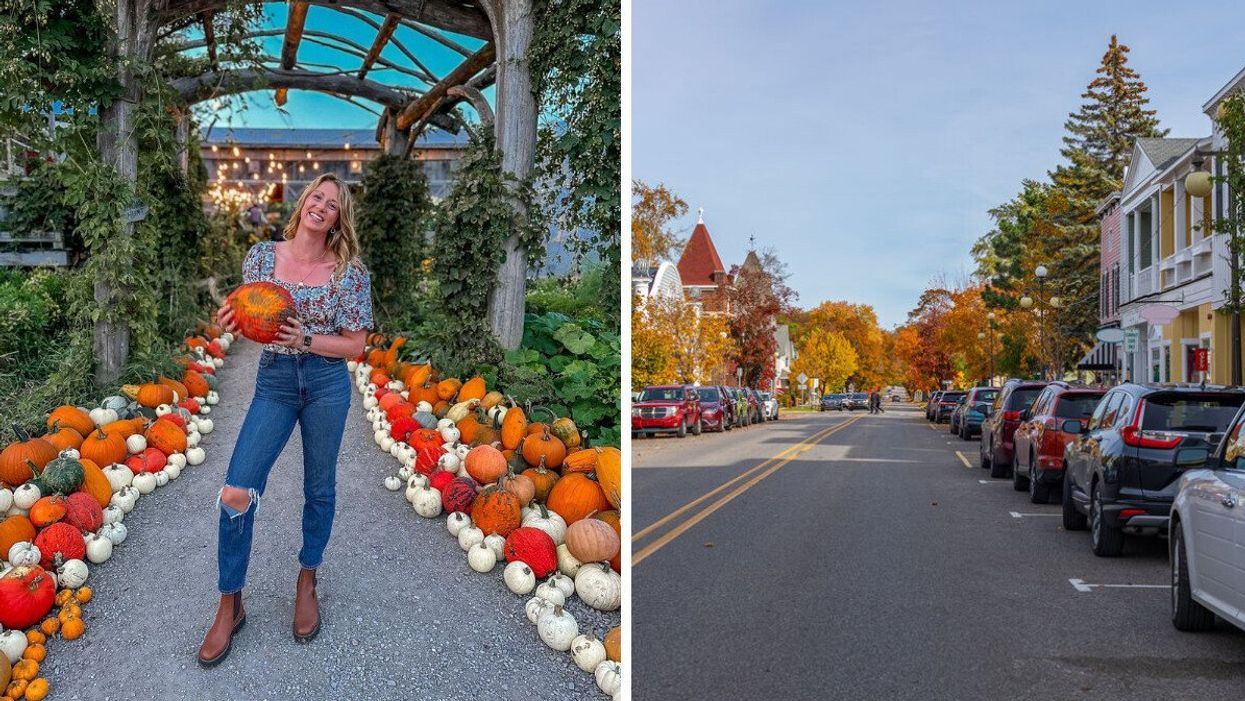 A person holding a pumpkin. Right: Fall in a small town.