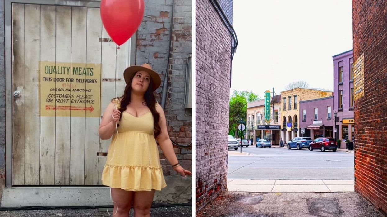 A person holding a red umbrella. Right: The Main Street of a historic town.