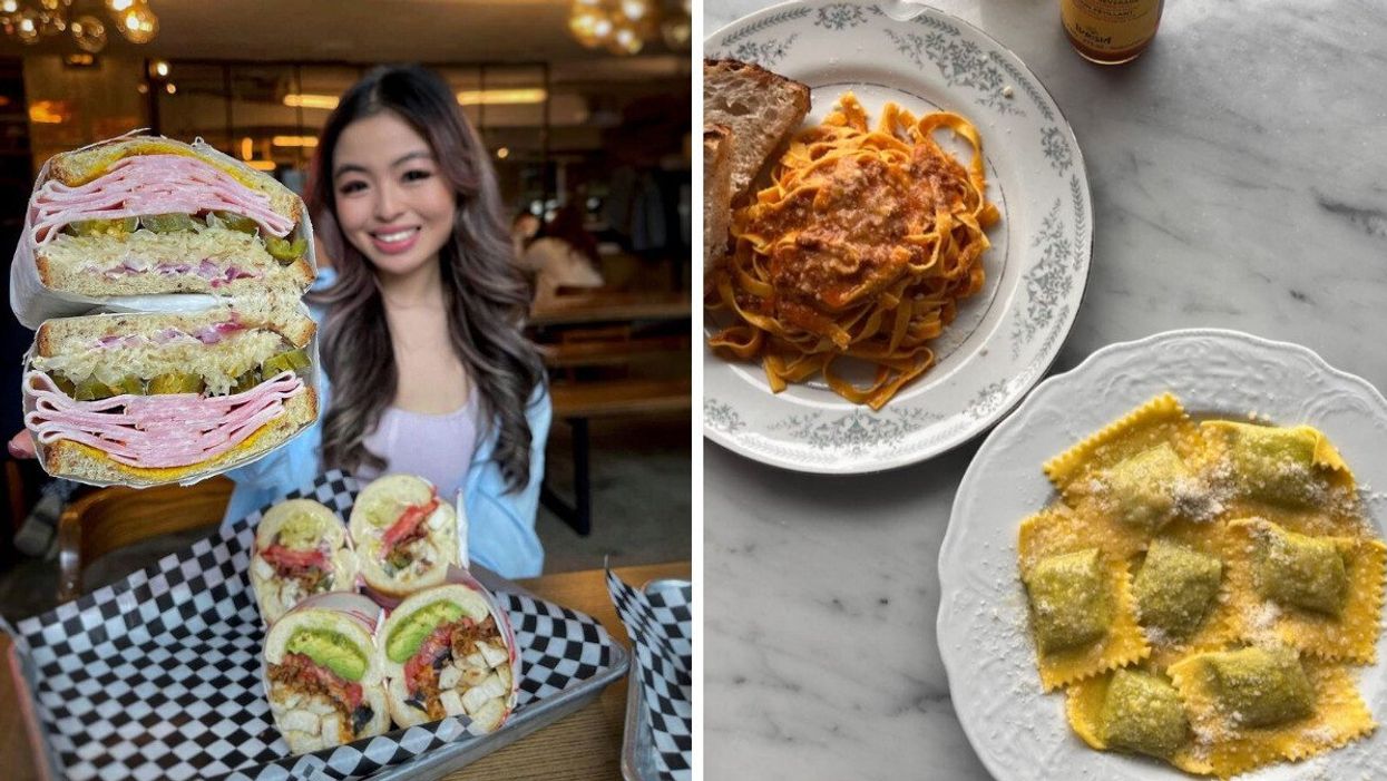 A person holding a sandwich and smiling for the camera. Right: Two plates of pasta on while plates.
