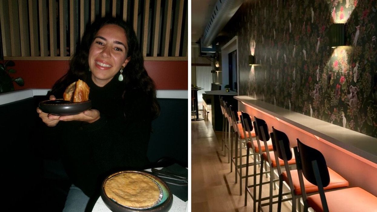 A person holding a sausage roll and Australian meat pie. Right: Pink bar stools and chic wallpaper at a restaurant.
