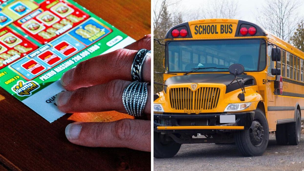 A person holding a scratch-off lottery ticket. Right: A school bus.