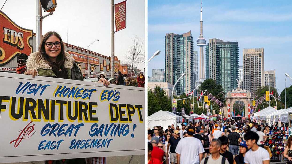 A person holding a sign. Right: Street view of The Canadian Exhibition.