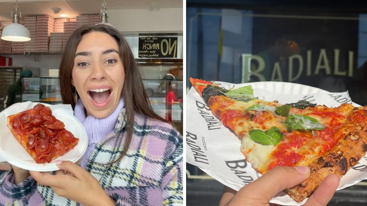 A person holding a slice of pizza. Right: A Margherita slice on a paper plate.