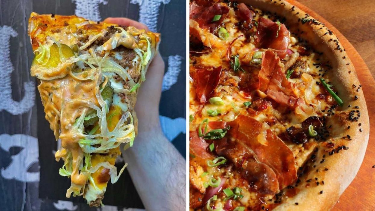 A person holding a slice of pizza. Right: A pizza pie.