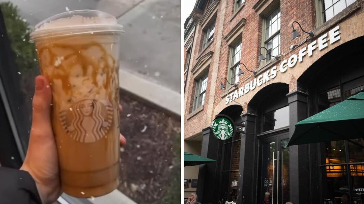 A person holding a Starbucks drink. Right: A Starbucks store.