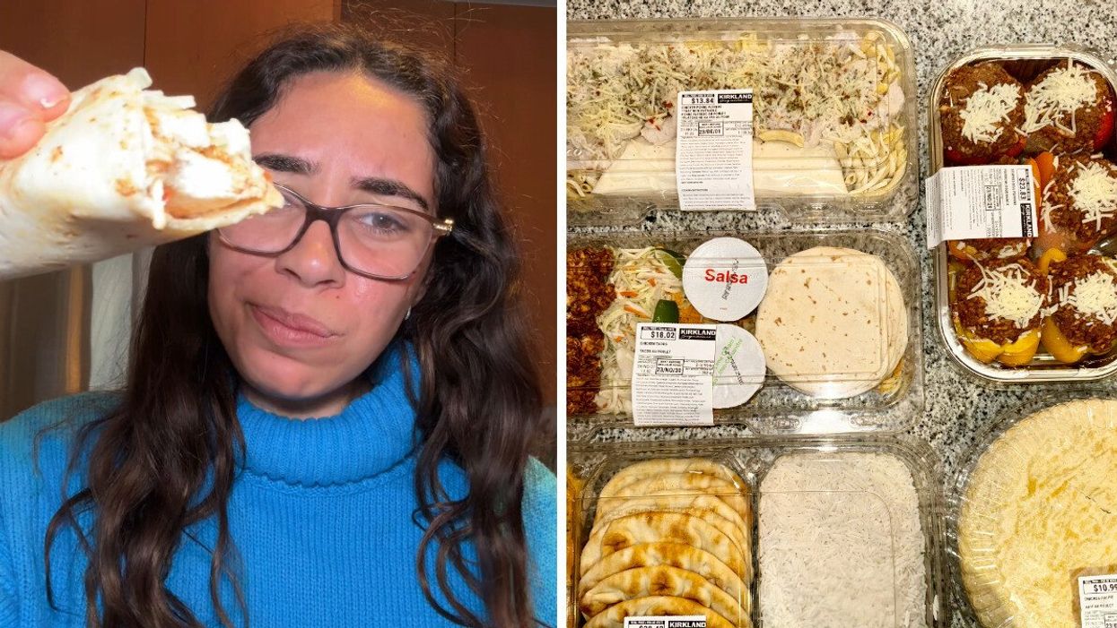 A person holding a taco from Costco. Right: Five ready-to-eat meals from Costco Canada.