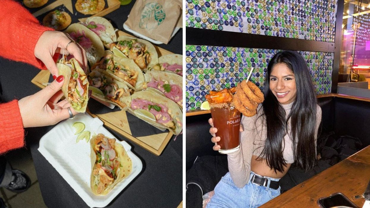 A person holding a taco with a tray filled with tacos on the table. Right: A woman holding up a Caesar cocktail topped with onion rings and other garnishes.