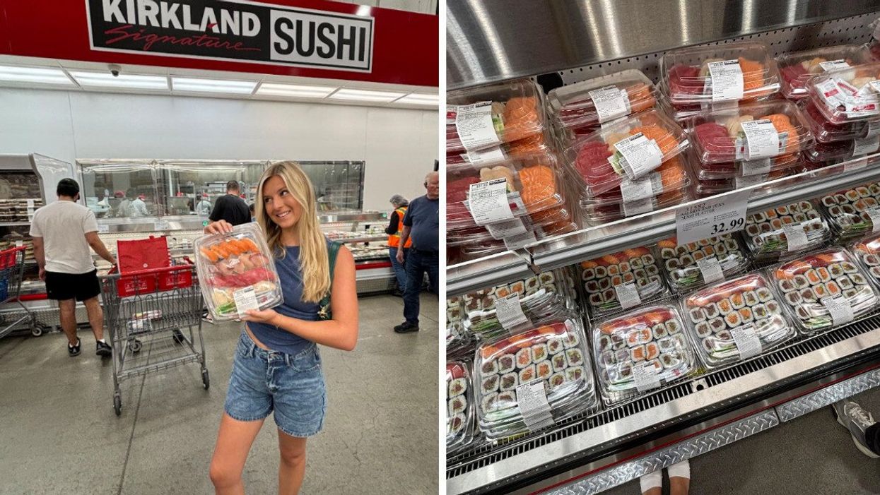A person holding a tray of sushi in Costco. Right: A sushi selection.